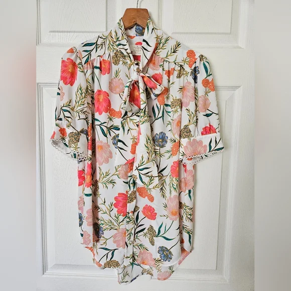 kate spade Floral Tie-Neck Blouse in White with Pink and Green - Picture 1 of 4